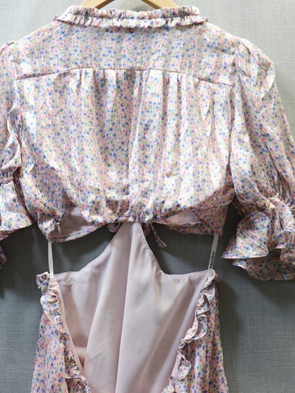 For Love & Lemons Phoebe Floral Mini Dress L Pink Cut Out Puff Sleeve NWT - Picture 12 of 16